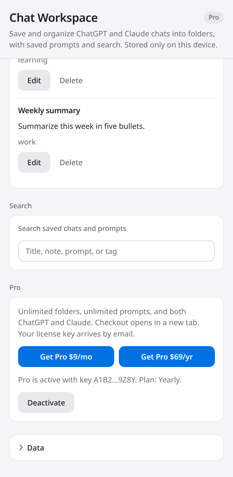 The Chat Workspace side panel showing saved prompts, search, and the Pro section with checkout buttons and an active license.
